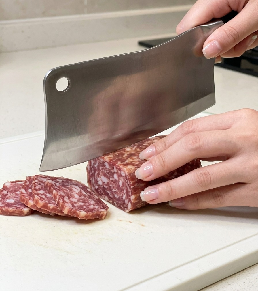 Manos de una persona usando un gran cuchillo de cocina para cortar un bloque rectangular de salami de ternera veteado en una tabla de cortar de plástico blanco.
