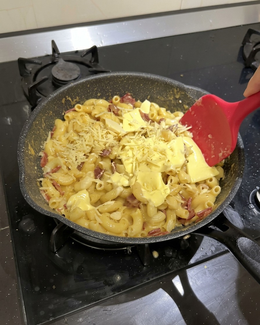 Macarrones, salami, lonchas de queso y queso rallado en una sartén negra que se remueven con una espátula de silicona roja.