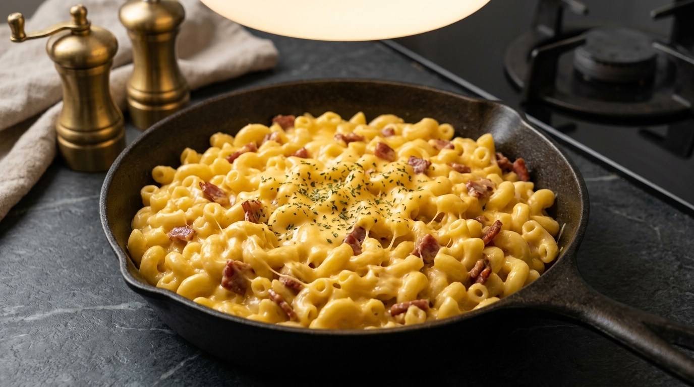 Macarrones con queso cremosos con salami de ternera