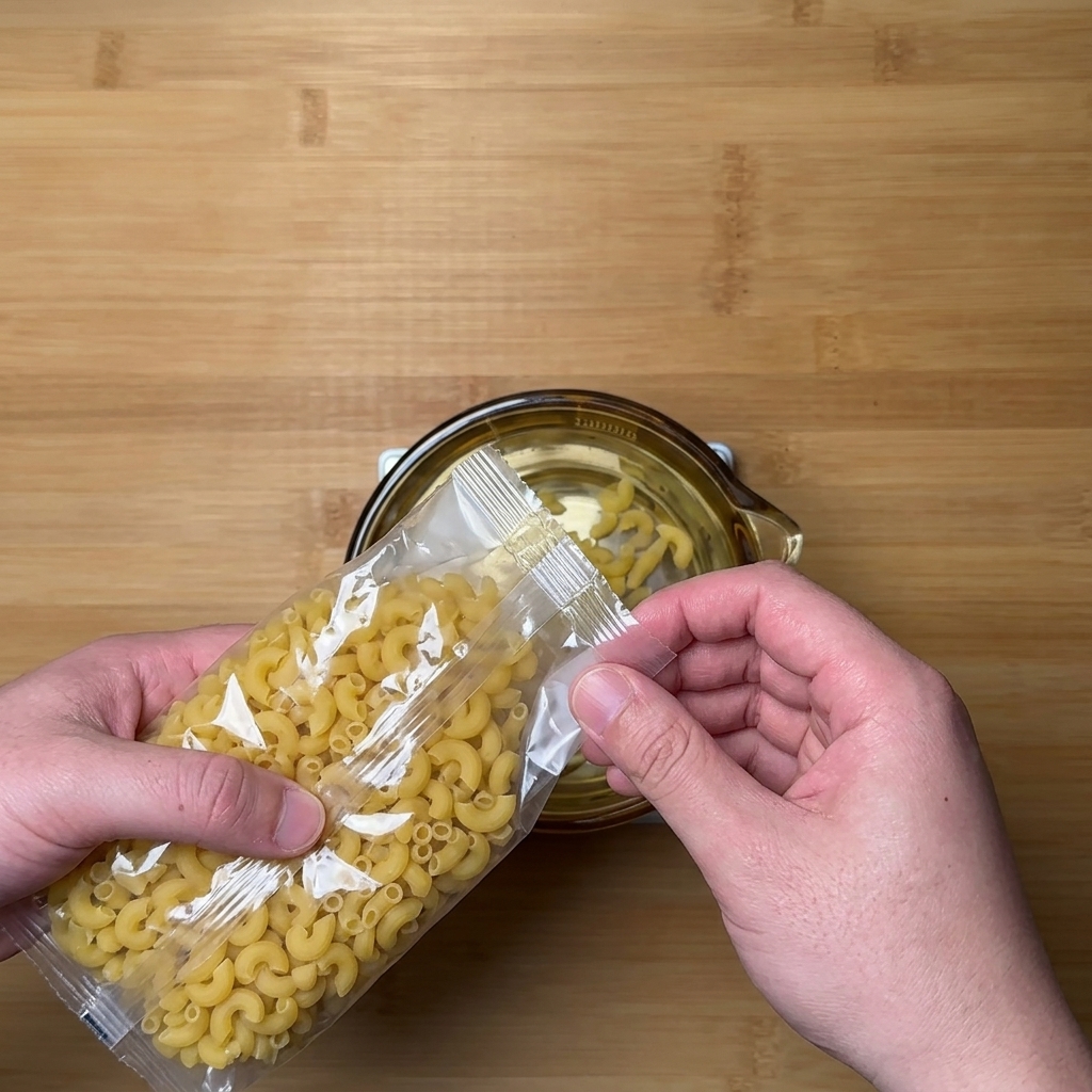 Macarrones secos vertiéndose desde una bolsa de plástico transparente hacia un tazón de vidrio sobre una báscula digital de cocina.