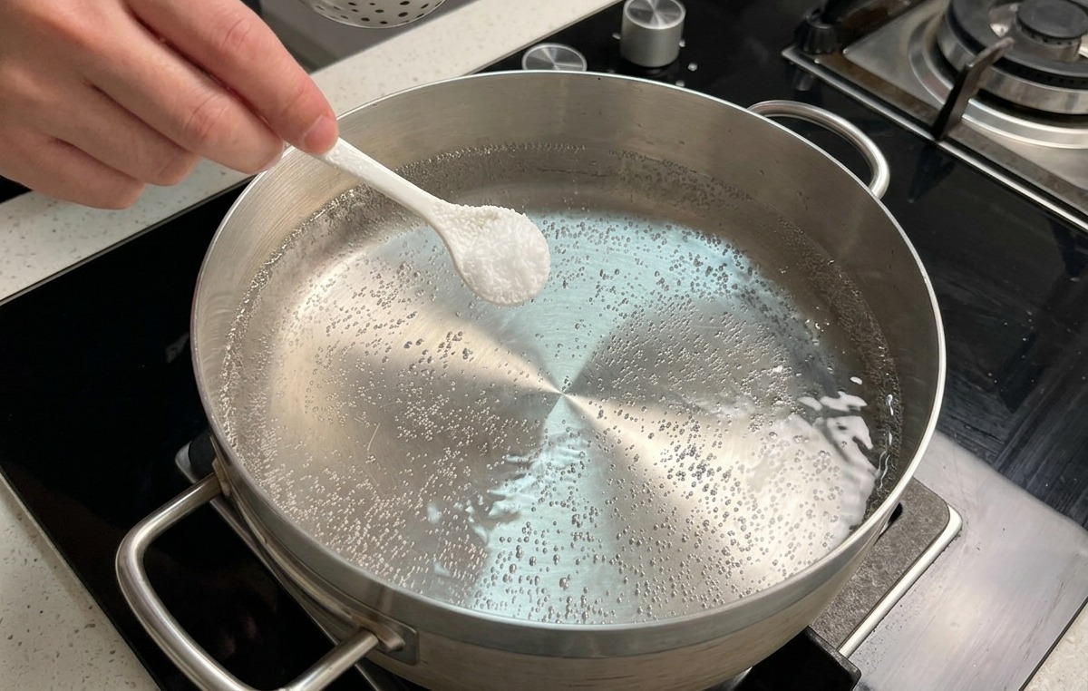 Una mano agregando una cucharadita de sal a una olla de acero inoxidable con agua hirviendo.