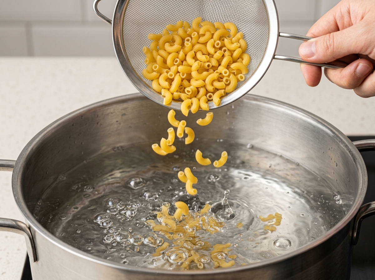 Macarrones secos cayendo desde un colador metálico pequeño a una olla de agua hirviendo.