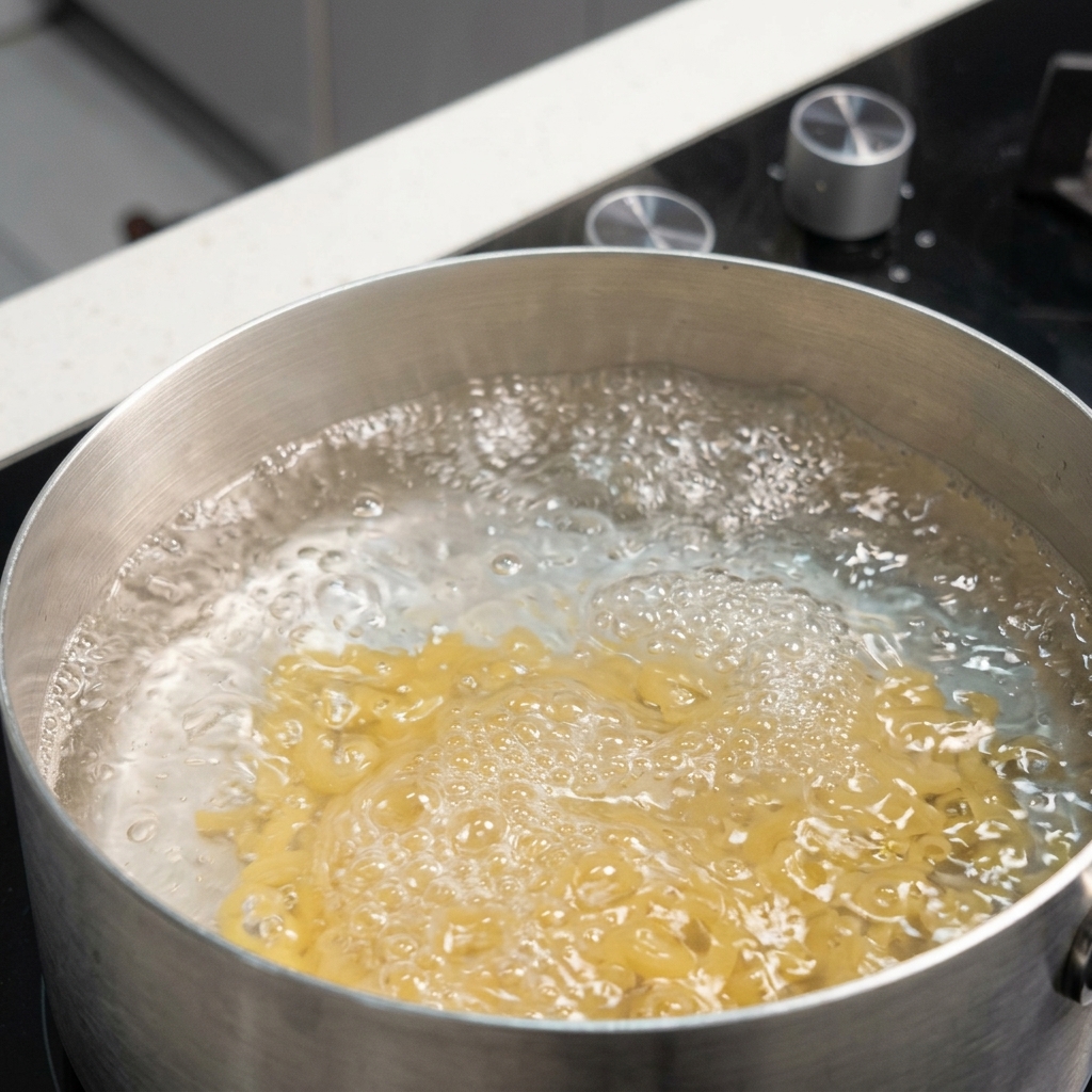 Macarrones sumergidos en agua hirviendo burbujeante dentro de una olla de acero inoxidable.