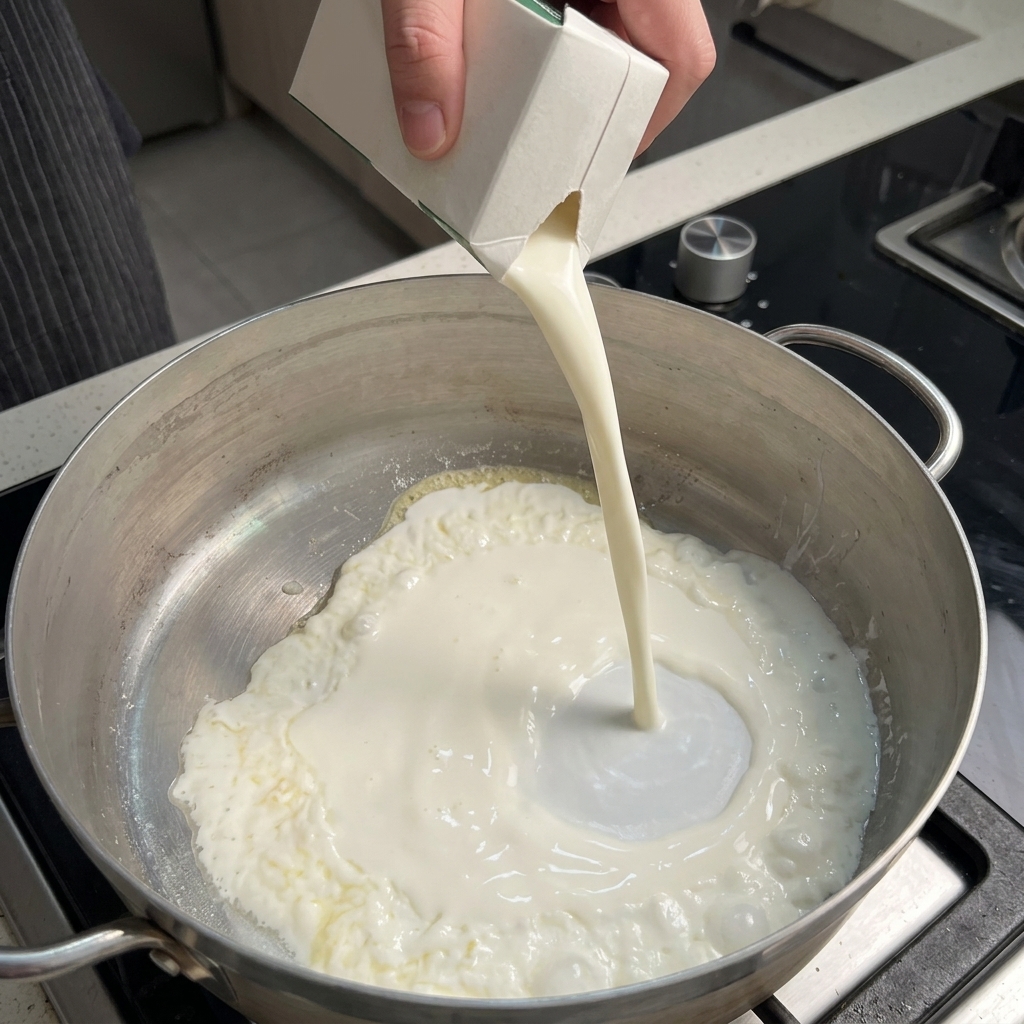 Un cartón de leche vertiendo líquido blanco en una sartén caliente con la mezcla de mantequilla y harina.