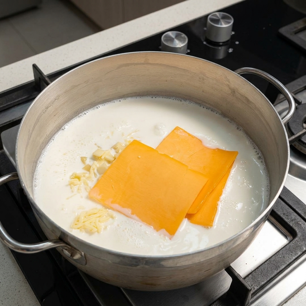 Rebanadas de queso Cheddar naranja y queso amarillo pálido rallado reposando en una base de leche a fuego lento en una sartén metálica.