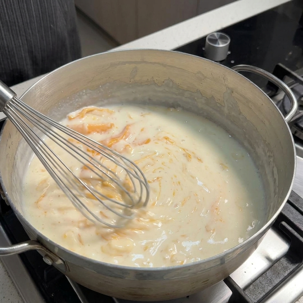 Un batidor de globo removiendo continuamente una salsa de queso espesa y cremosa en una sartén sobre la estufa.
