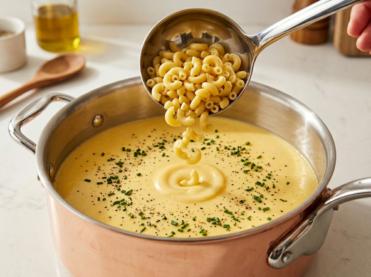 Un cucharón de acero inoxidable dejando caer macarrones cocidos en una olla con salsa de queso amarilla y cremosa espolvoreada con hierbas.