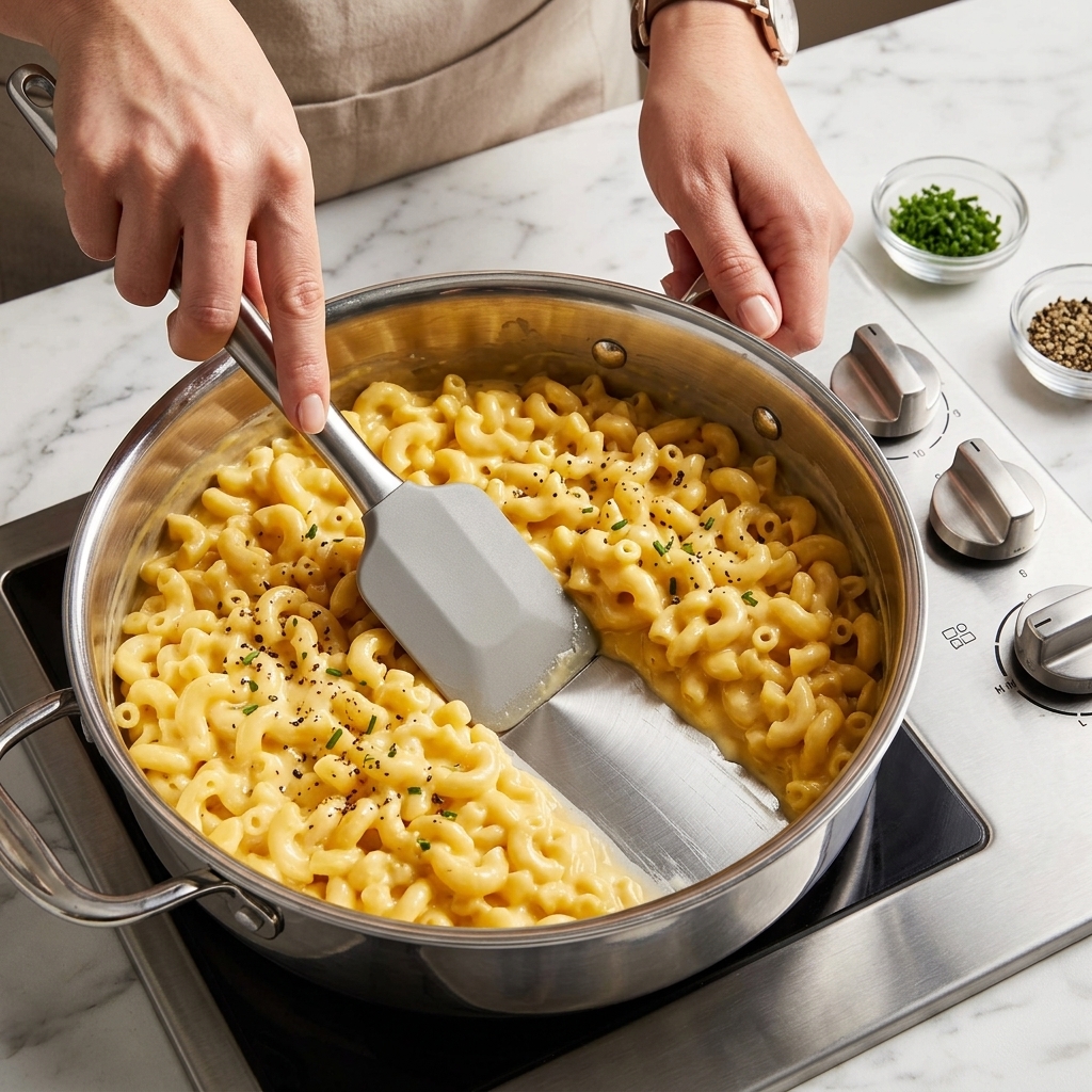 Una espátula de silicona gris mezclando macarrones con queso espesos y cremosos en una sartén de acero inoxidable sobre la estufa.