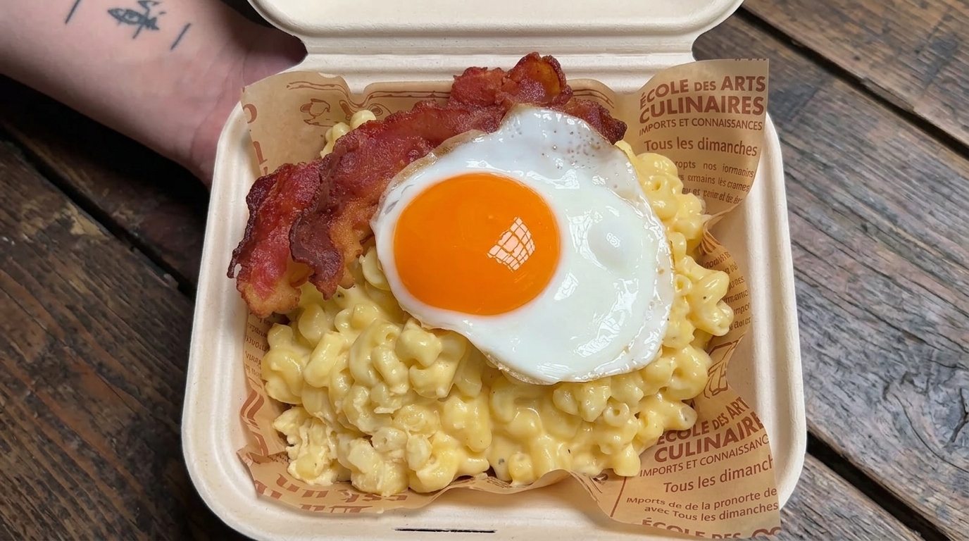 Mac and Cheese Cremoso a la Sartén con Tocino y Huevo