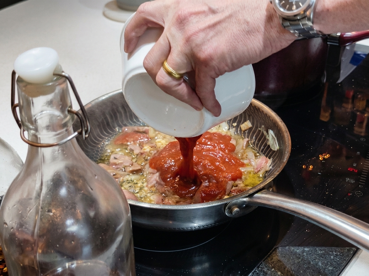 Salsa de tomate de un rojo vibrante vertiéndose desde un tazón de cerámica blanca en una sartén con tocino frito y cebollas.