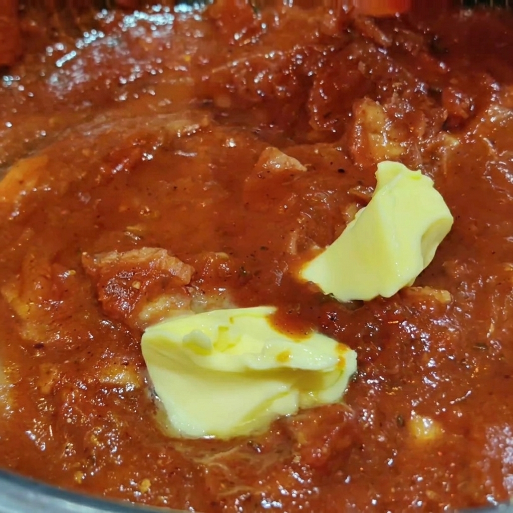 Trozos de mantequilla amarilla derritiéndose en una salsa roja de tomate y tocino a fuego lento.