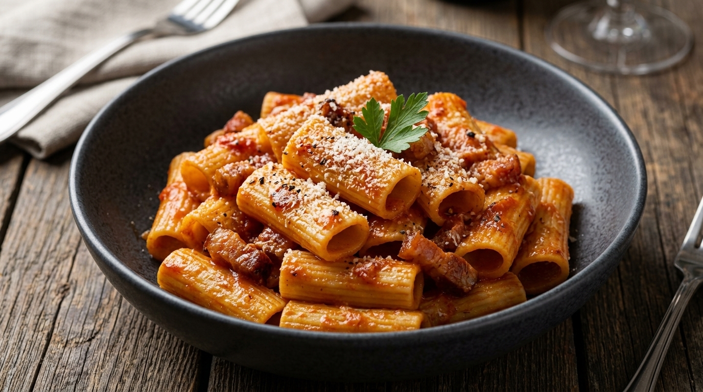 Un apetitoso plato de rigatoni a la amatriciana bañados en una vibrante salsa de tomate y tocino.