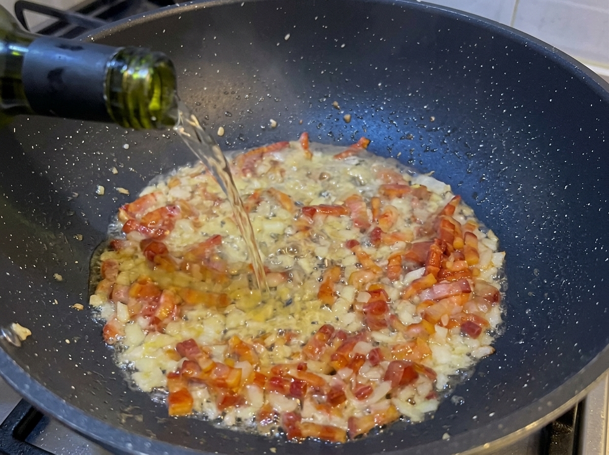 Vino blanco vertiéndose desde una botella en una sartén con panceta crujiente y cebolla picada generando vapor.