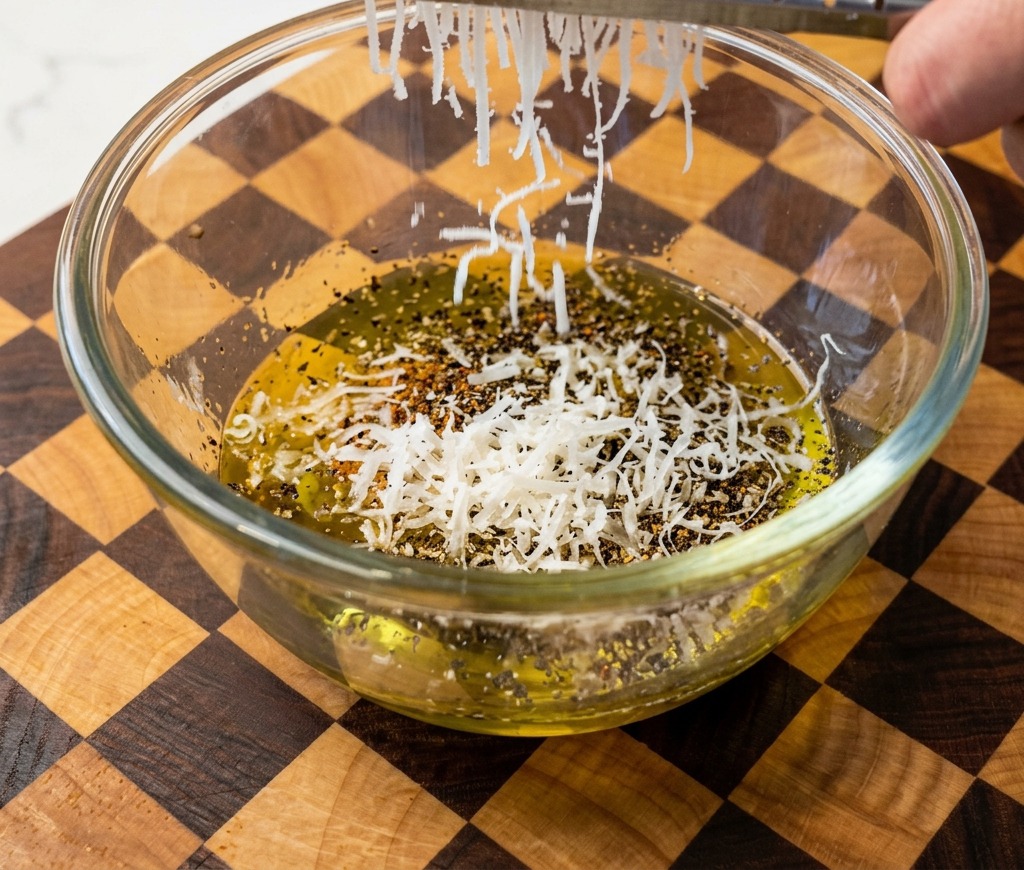 Queso Pecorino Romano finamente rallado cayendo desde un rallador metálico en un bol de huevos sazonados.