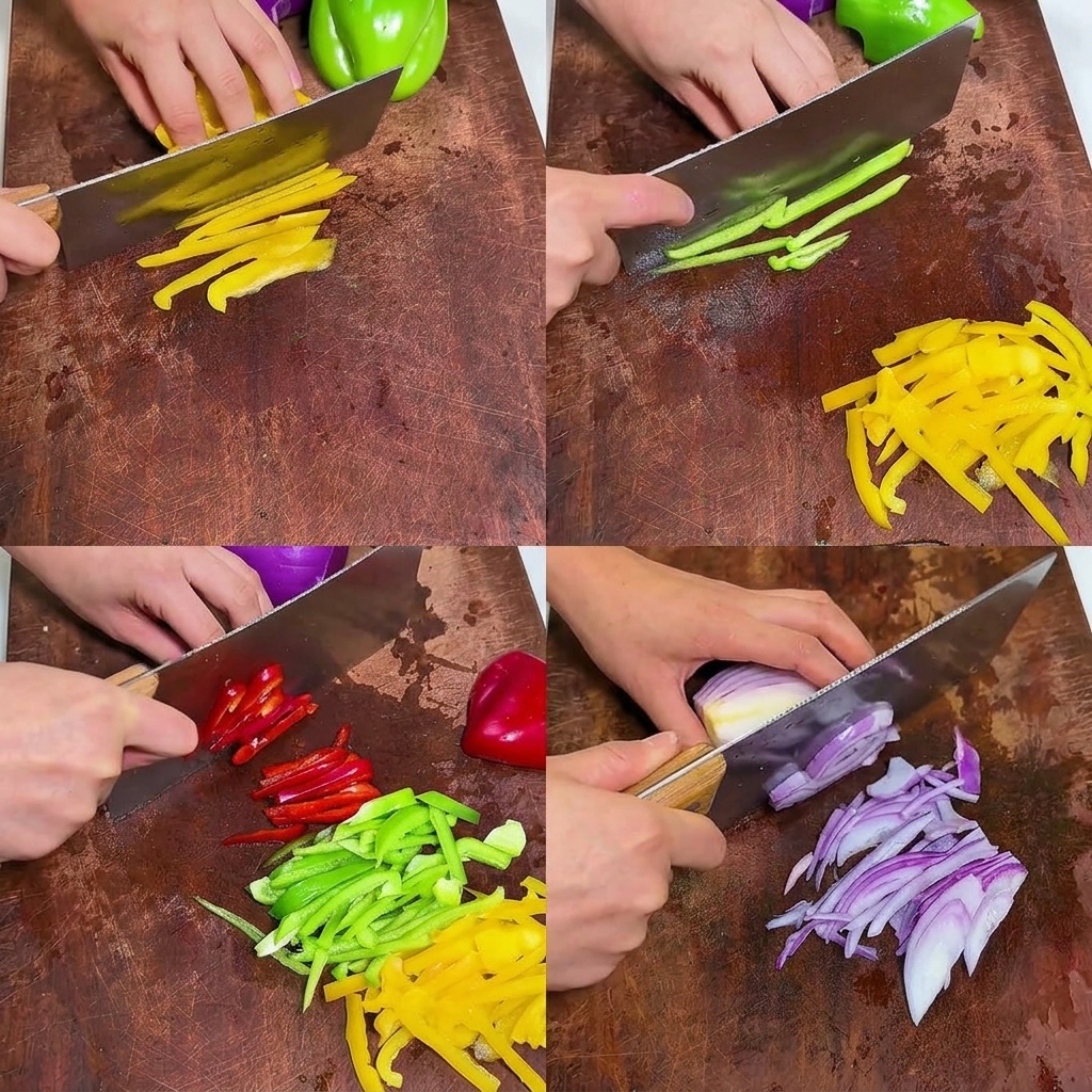 Collage de cuatro imágenes que muestra a una persona cortando pimientos amarillos, verdes y rojos, así como cebolla morada, en tiras finas sobre una tabla de madera.