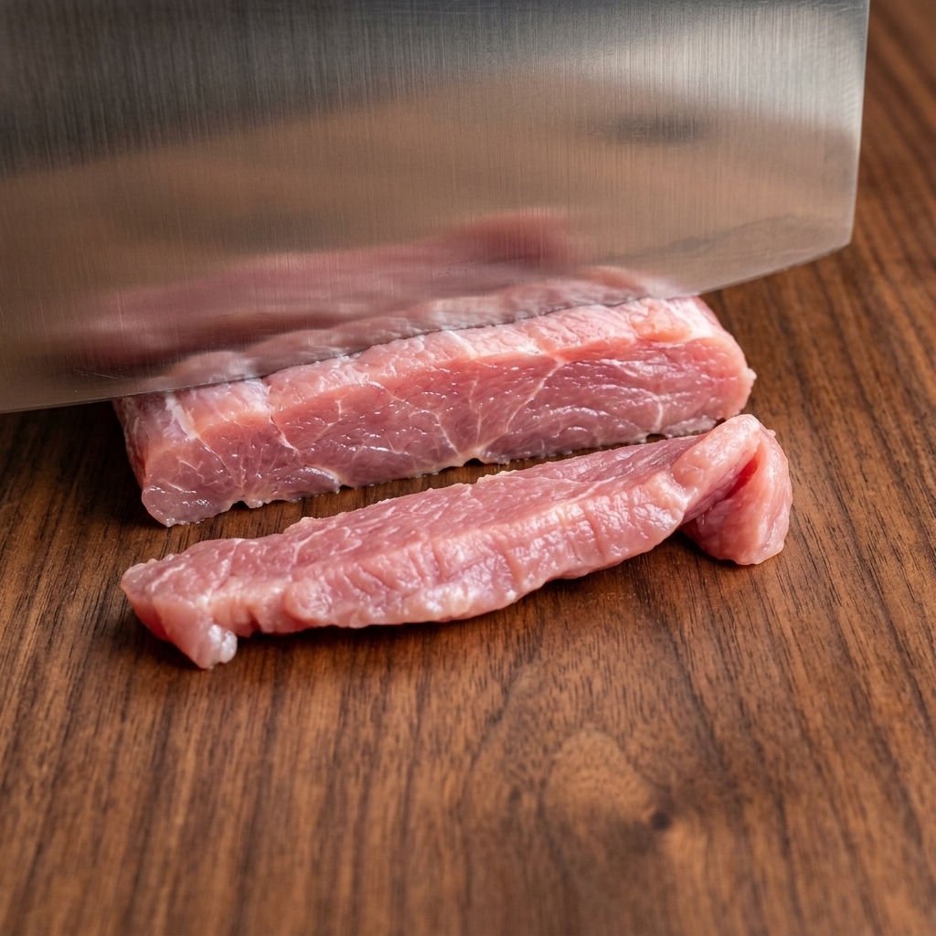 Primer plano de un cuchillo de cocina cortando un solomillo de cerdo crudo en tiras finas sobre una superficie de madera.