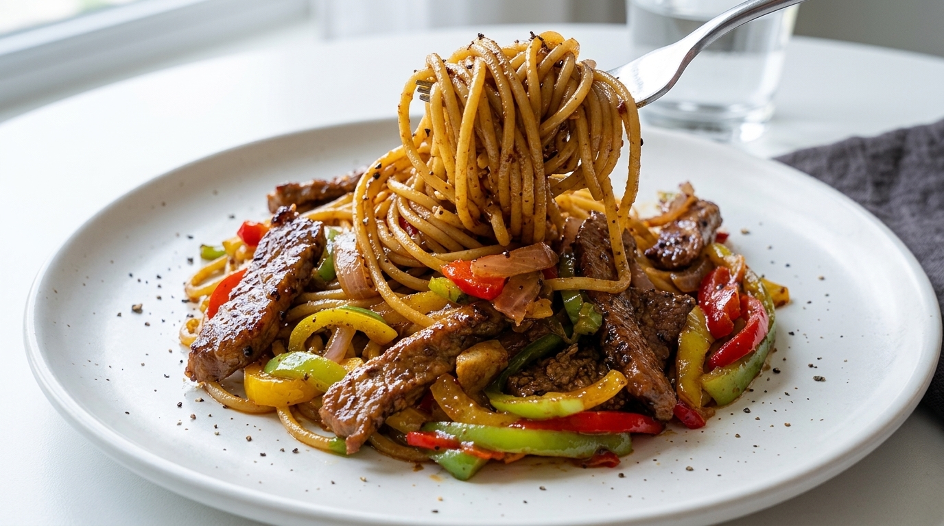Pasta con solomillo de cerdo a la pimienta negra
