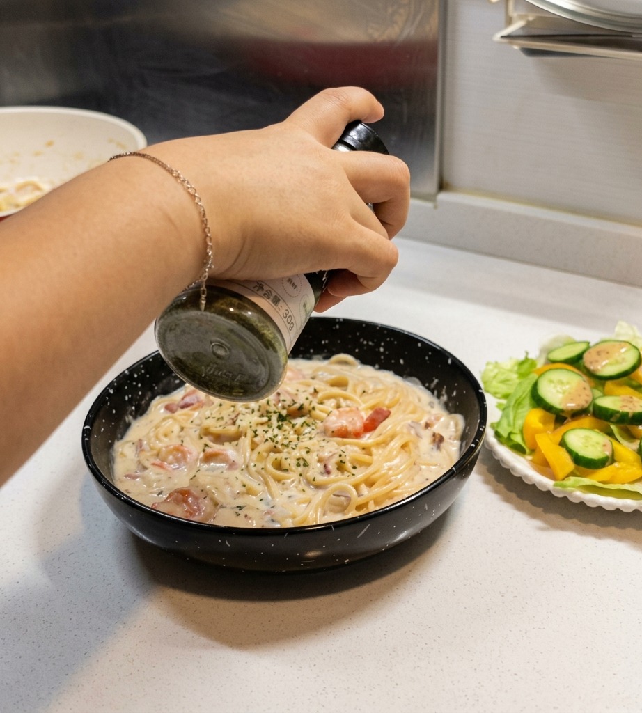 Una mano agitando un bote de especias para espolvorear perejil seco sobre un plato terminado de pasta en salsa blanca.