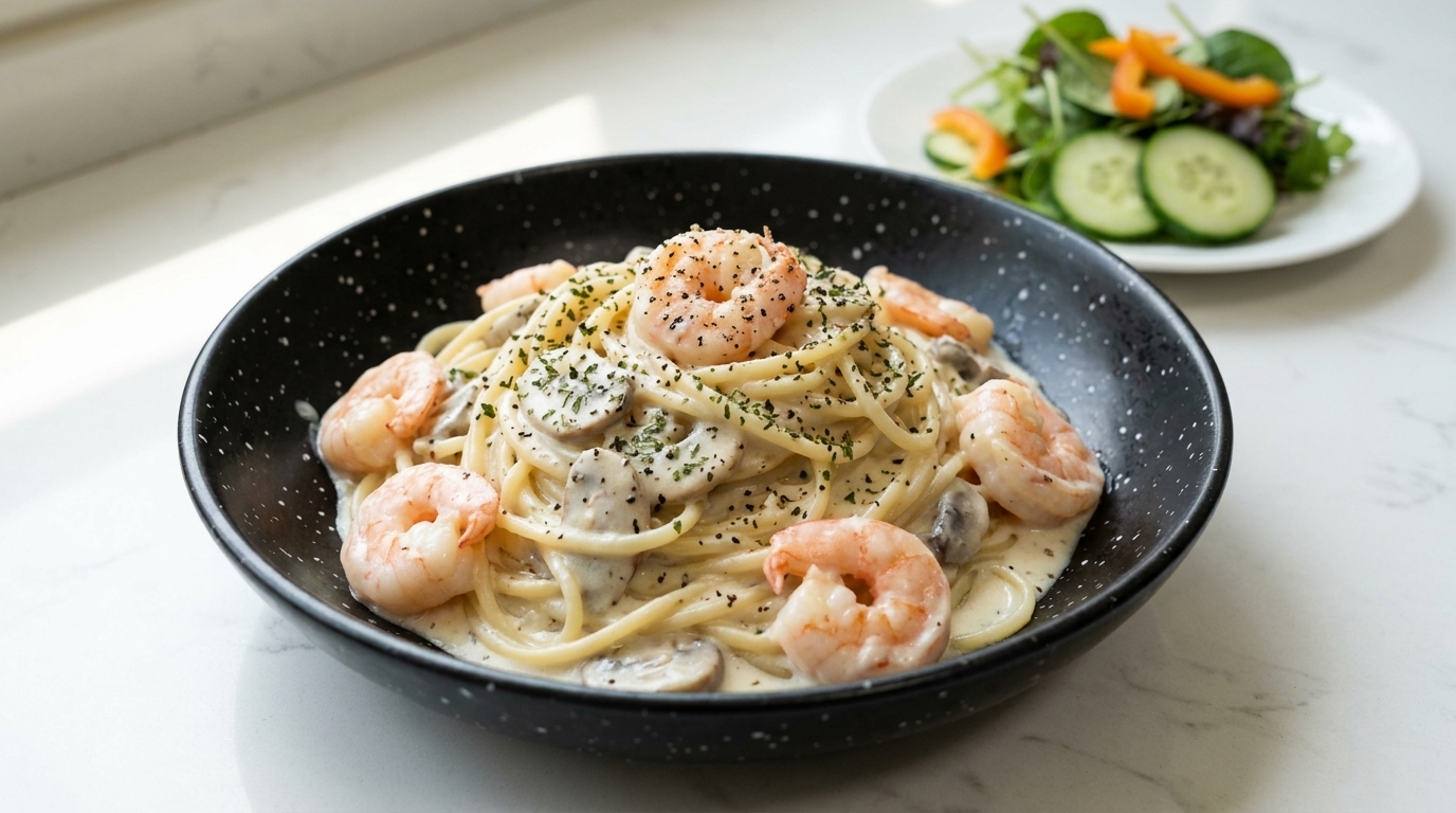 Espaguetis ligeros en salsa blanca con camarones