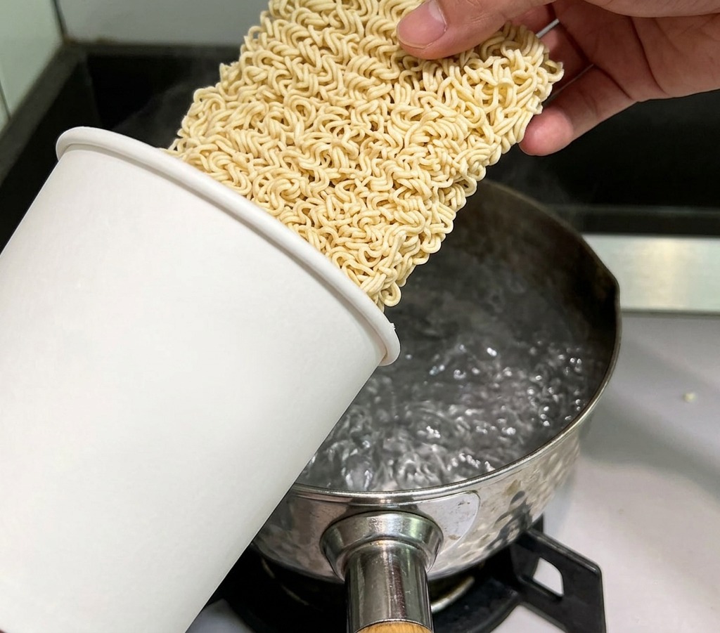 Un bloque de fideos instantáneos secos y ondulados introduciéndose en una olla de acero inoxidable con agua hirviendo