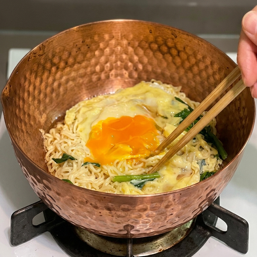 Rebanadas de queso derretido y un huevo escalfado sobre fideos y espinacas en una olla de cobre, mezclándose con palillos.