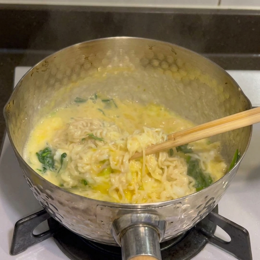Primer plano de fideos cremosos con queso y espinacas en una olla, sazonados con pimienta negra.