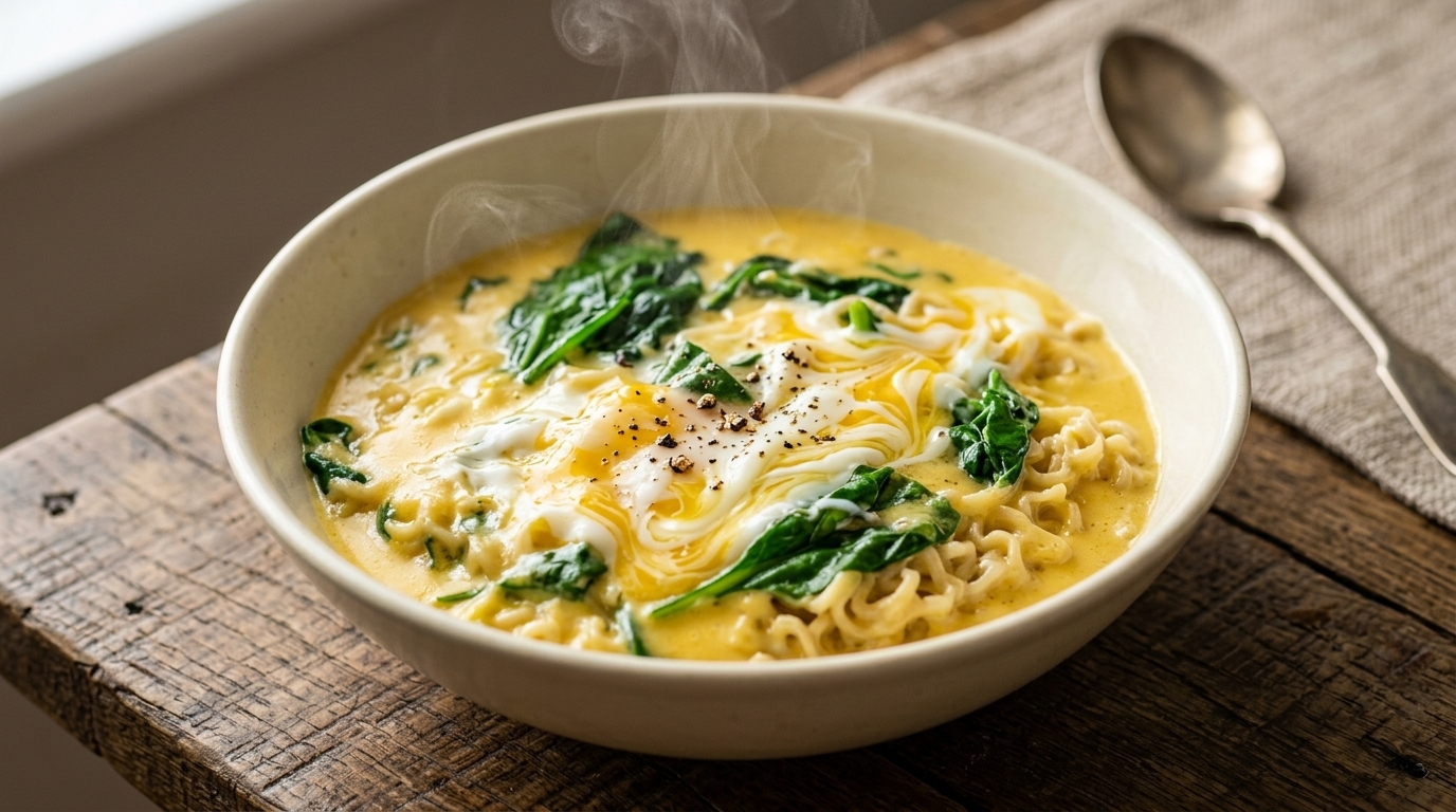 Un tazón humeante de fideos instantáneos con queso cremoso, acompañado de espinacas frescas, un huevo tierno y pimienta negra recién molida.