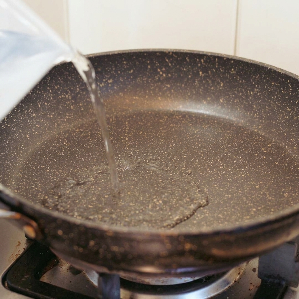 Agua vertiéndose desde una jarra en una sartén antiadherente oscura colocada sobre una estufa de gas.