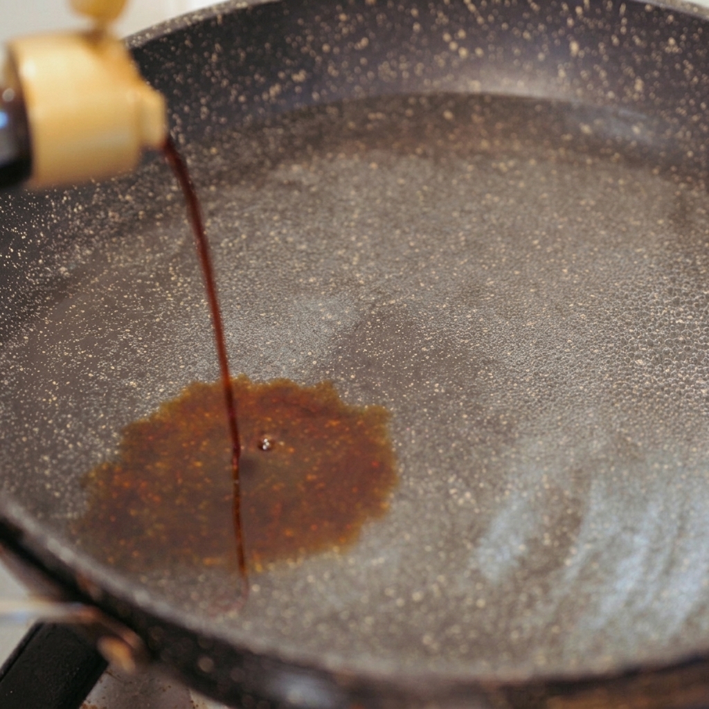 Salsa de soja de color marrón oscuro vertiéndose desde una botella con tapa dorada en una sartén con agua, creando un remolino oscuro.