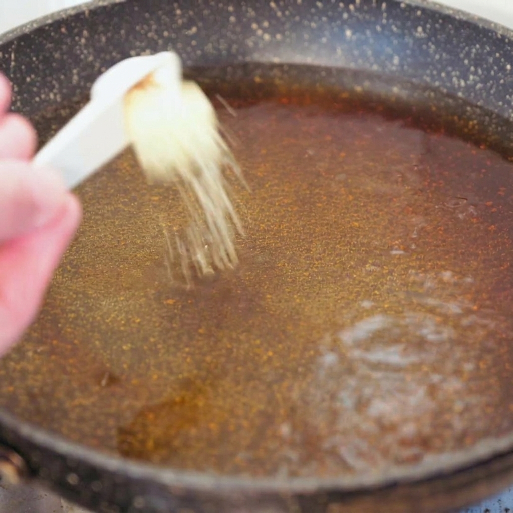 Una mano añadiendo espaguetis integrales crudos y una pequeña porción de caldo de pollo en polvo a la sartén con agua sazonada hirviendo.