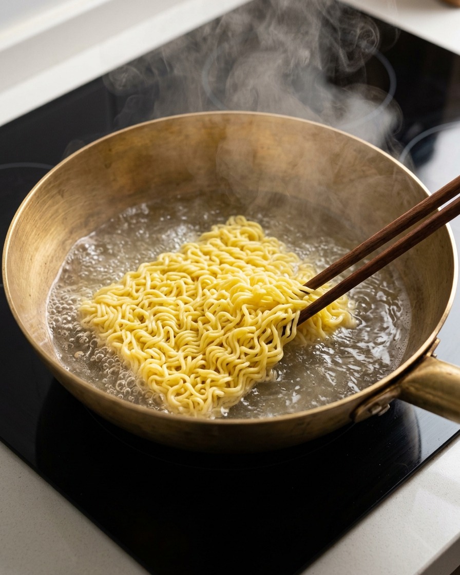 Un bloque de fideos de trigo amarillos sumergiéndose en una olla de latón con agua hirviendo usando palillos de madera.