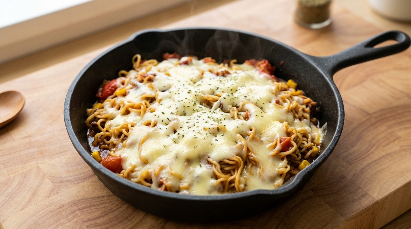 Fideos horneados con carne y queso fáciles (Salteado de carne y queso)