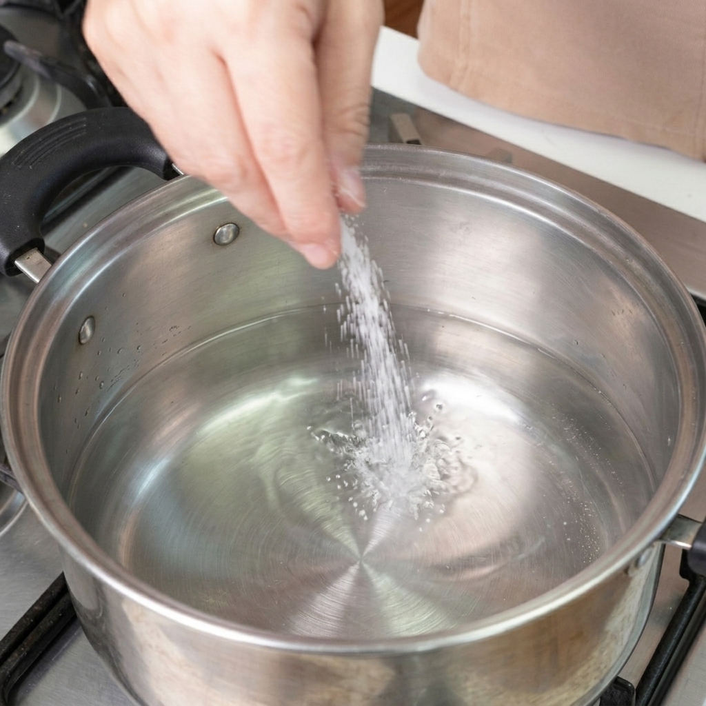 Una mano espolvoreando un puñado de sal blanca en una olla de acero inoxidable llena de agua hirviendo a borbotones.