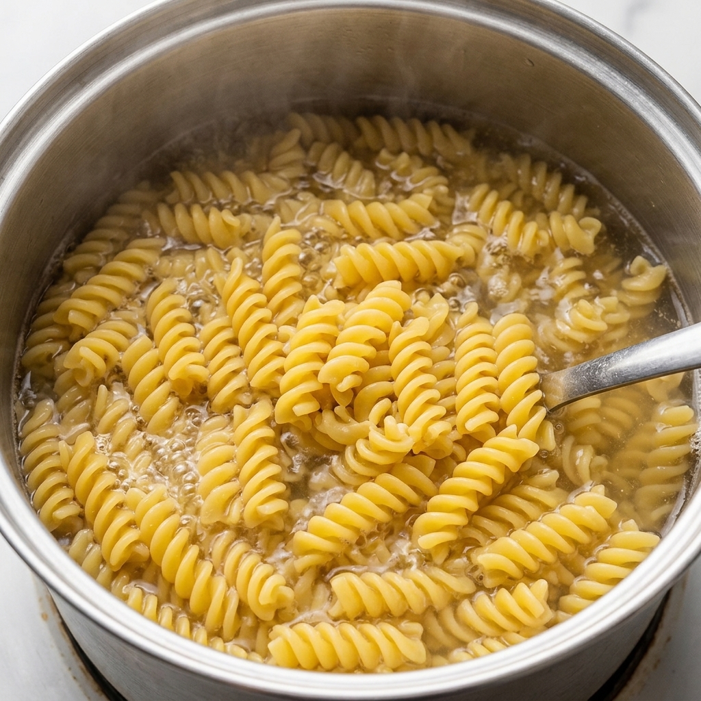 Una espumadera de metal sacando pasta fusilli tierna y cocida de una olla de agua caliente burbujeante.