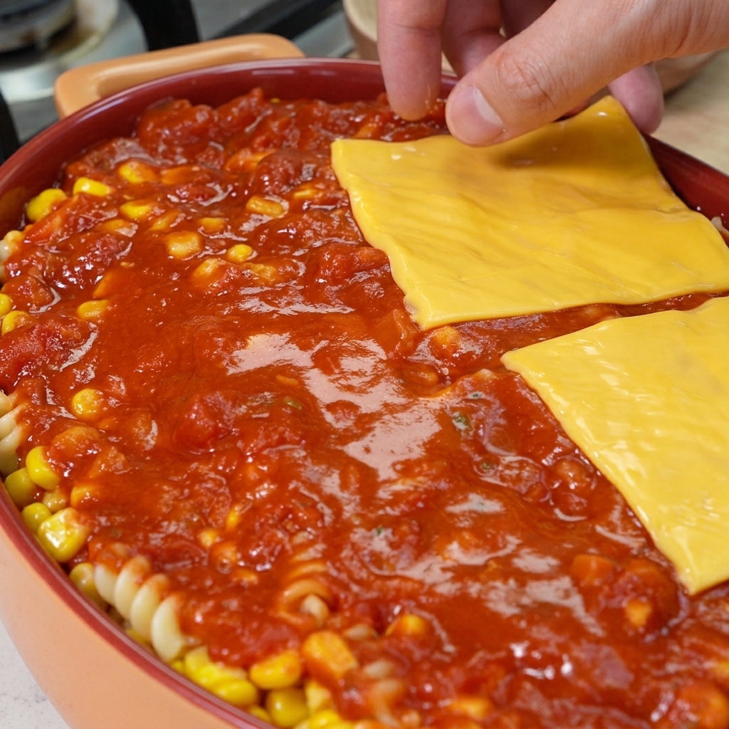 Una mano colocando lonchas cuadradas de queso cheddar amarillo sobre una capa rica de salsa de pasta roja en una fuente para horno.
