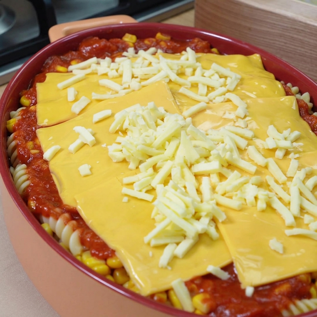 Una fuente para horno llena de pasta y salsa, cubierta con lonchas de cheddar amarillo y una capa gruesa de queso mozzarella blanco rallado.