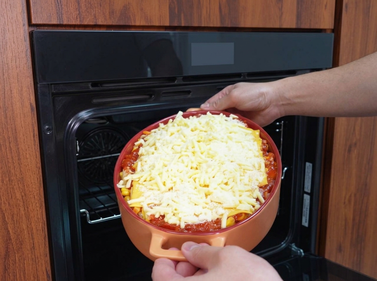 Dos manos introduciendo con cuidado una fuente de cerámica para horno llena de capas de queso y pasta en un horno oscuro y precalentado.