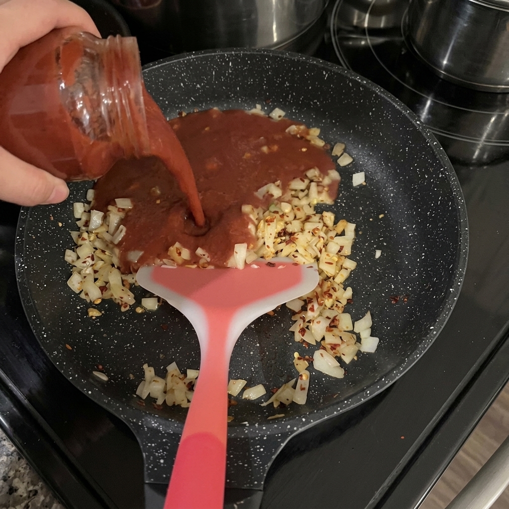 Una mano vertiendo salsa de tomate roja desde un frasco de vidrio hacia una sartén con cebolla sofrita y copos de chile.