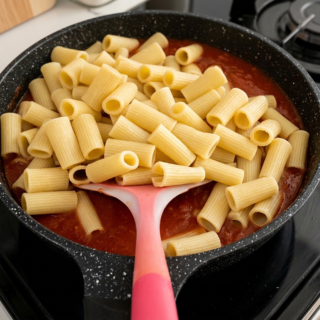 Tubos de pasta rigatoni cocida apilados sobre la salsa de tomate roja en una sartén negra, listos para mezclarse.