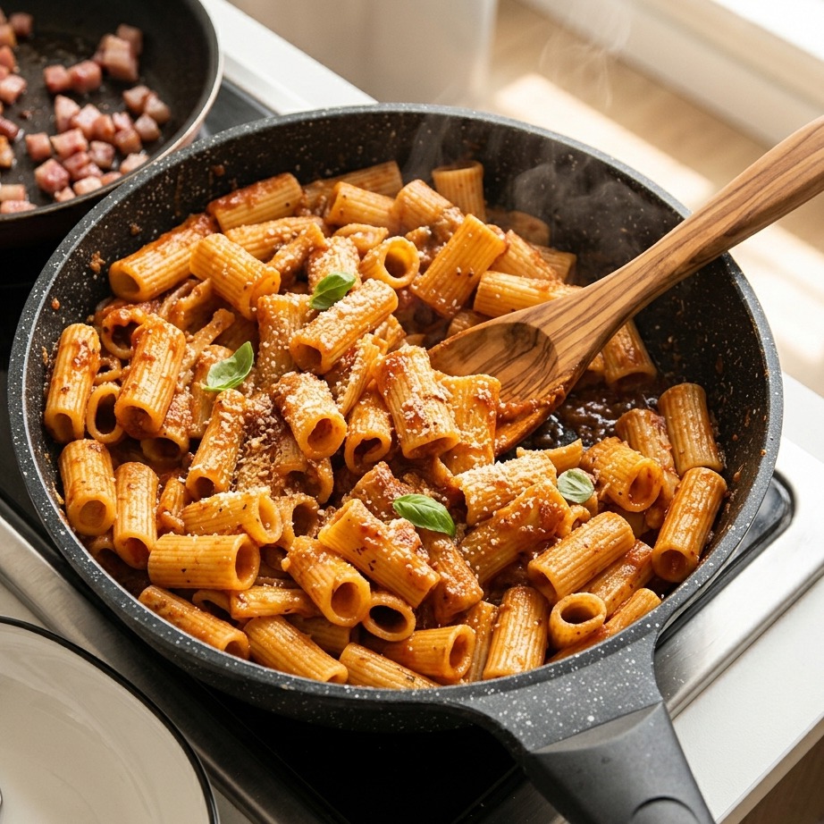 Una cuchara de madera removiendo e integrando la pasta rigatoni en una espesa salsa de tomate roja dentro de una sartén negra humeante.