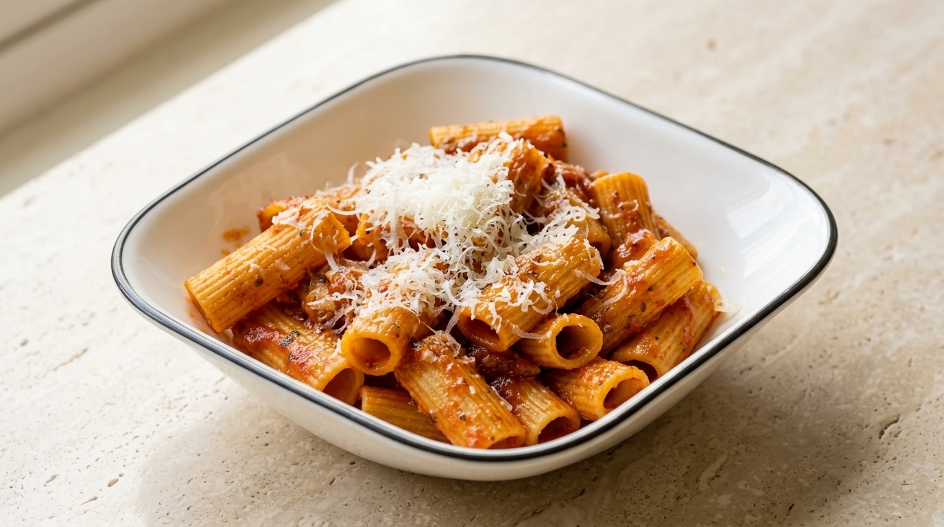 Rigatoni clásico con salsa de tomate y queso recién rallado