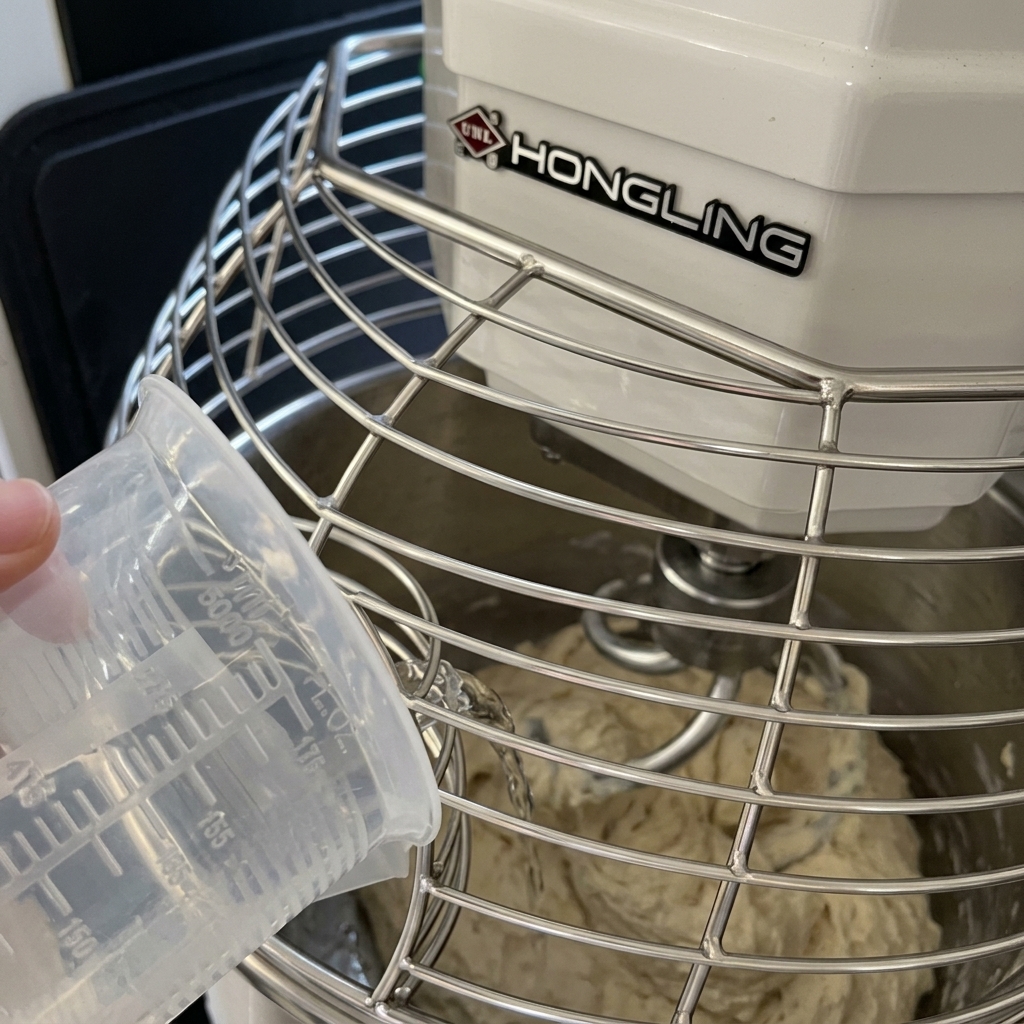 Primer plano del agua vertiéndose desde una jarra medidora al bol de la amasadora con la masa de pizza en desarrollo.