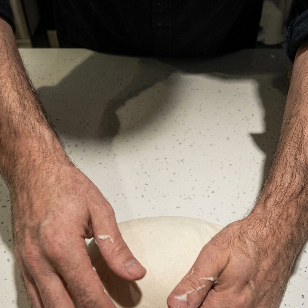 Manos pasando suavemente una fina capa de aceite sobre una gran masa redonda de pizza en una encimera.