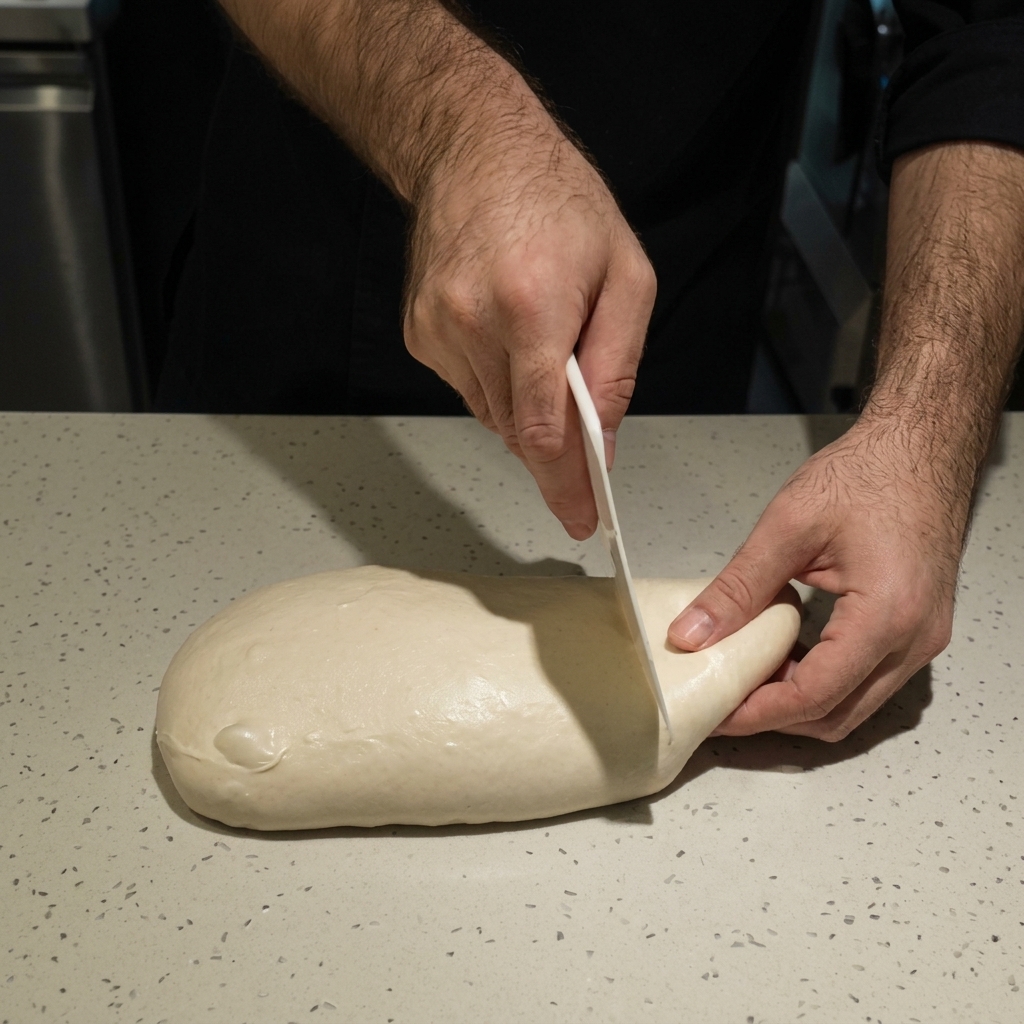 Un chef utilizando una rasqueta de panadero para cortar una pieza alargada de masa de pizza sobre el mostrador.