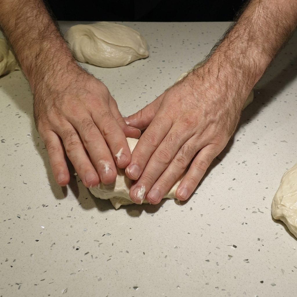 Dos manos trabajando sobre una encimera para dar forma de esferas perfectas y lisas a los trozos de masa.