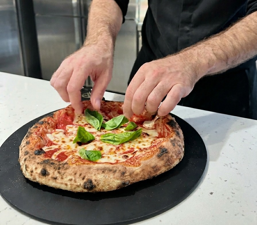 Una pizza napolitana recién horneada decorándose con hojas de albahaca fresca sobre una tabla de presentación negra.
