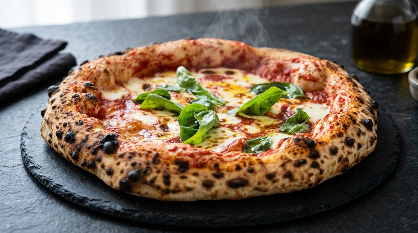 Una pizza Margherita napolitana recién horneada, con un borde dorado y alveolado y mozzarella fresca perfectamente fundida.