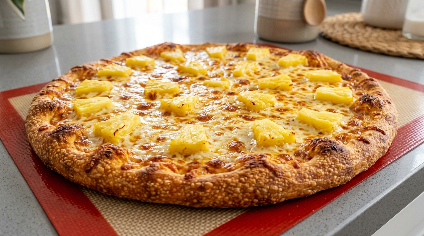 Pizza casera de piña dulce con masa gruesa artesanal
