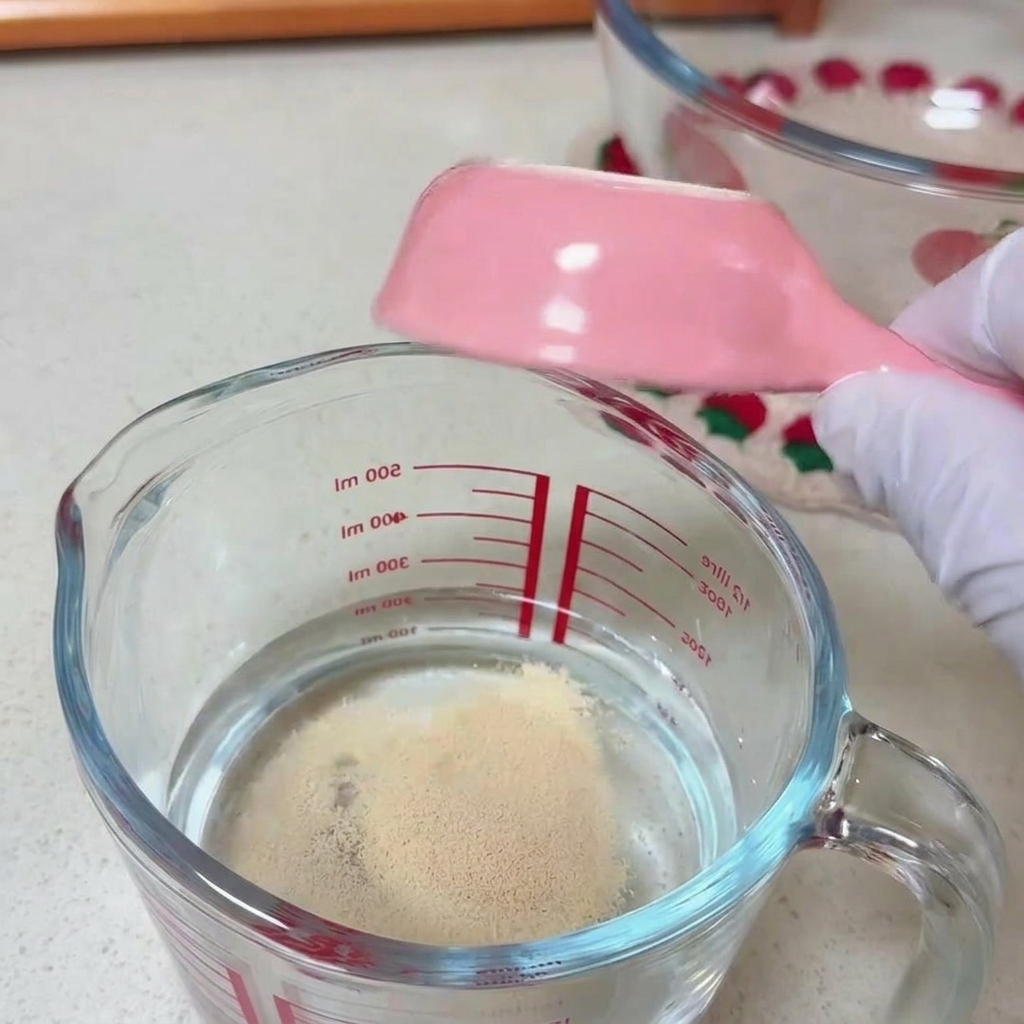 Una persona con guante blanco usa una cuchara de plástico rosa para mezclar los gránulos de levadura seca en una taza medidora de vidrio con agua.