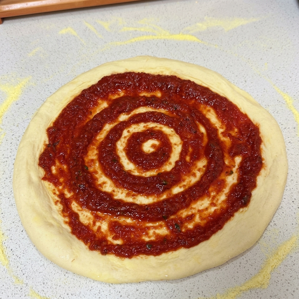 Una base circular de masa de pizza sobre la encimera cubierta con una capa uniforme de salsa de tomate roja extendida en círculos concéntricos.